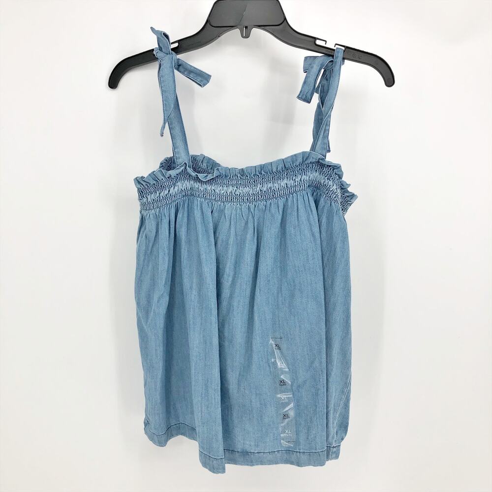 Tommy Hilfiger Womens Chambray Tank Top XL Blue Shoulder Tie Ruffle Smocking NWT - Picture 4 of 12